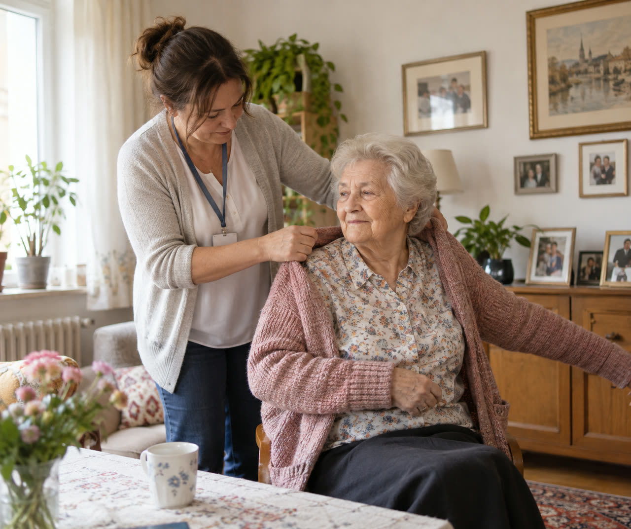 Betreuungskraft hilft einer Seniorin beim Anziehen der Strickjacke im Wohnzimmer