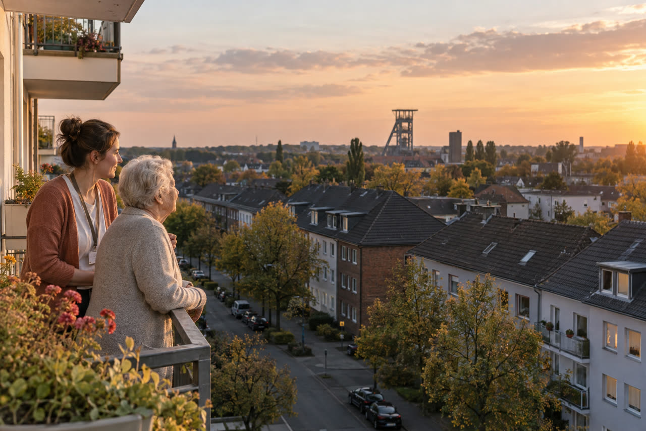 Blick über ein Gelsenkirchener Wohnviertel mit Förderturm am Horizont
