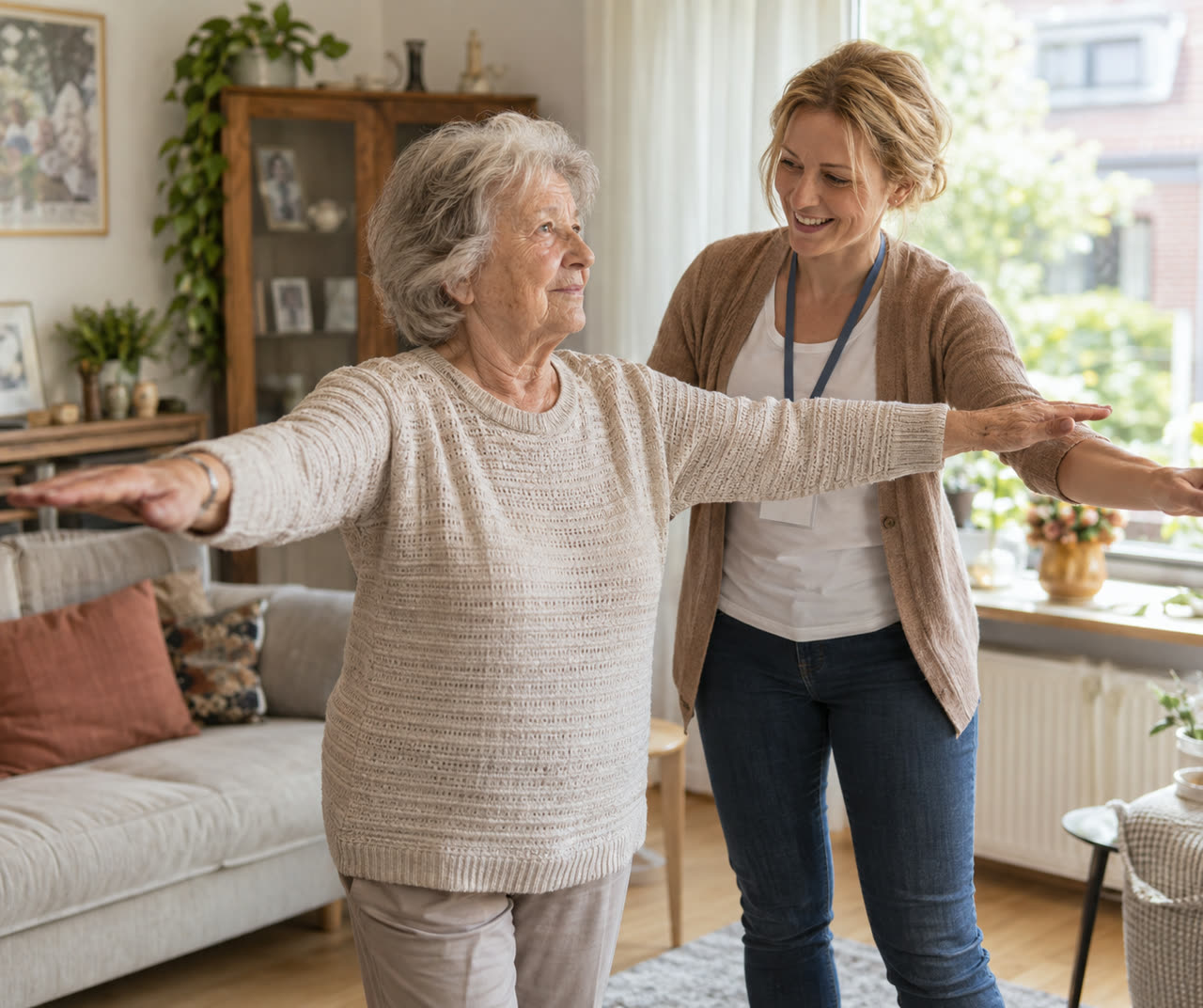 Betreuungskraft macht mit einer Seniorin leichte Bewegungsübungen im Wohnzimmer