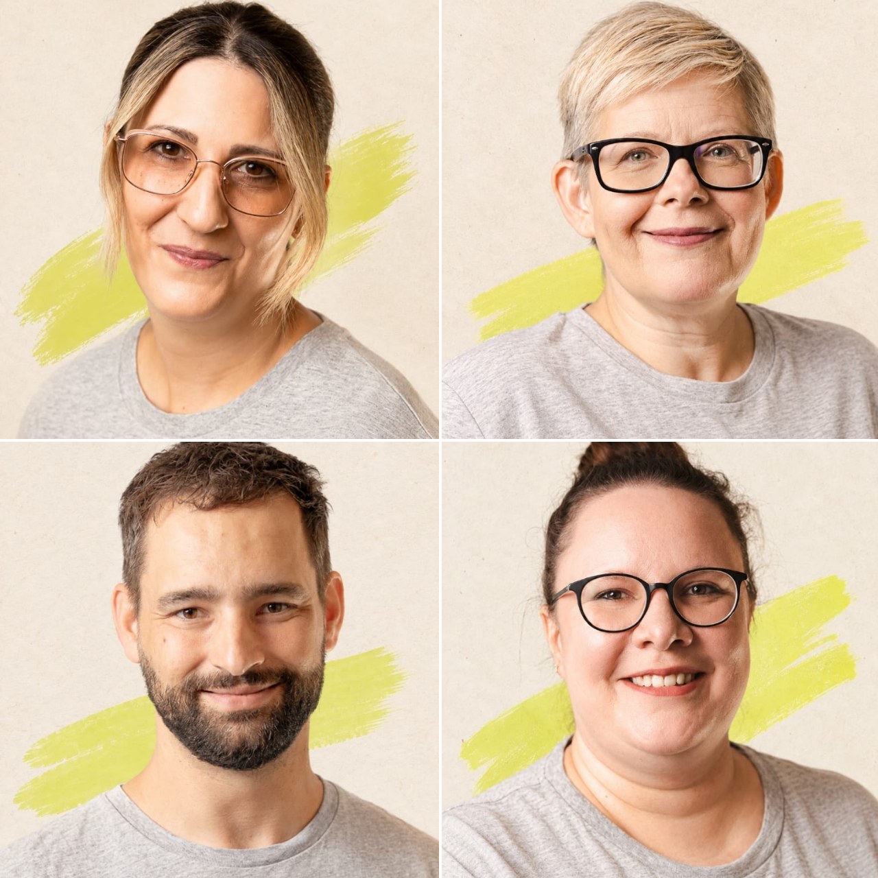 Vier Porträts von Teammitgliedern der Ruhrpott Pflege im Raster