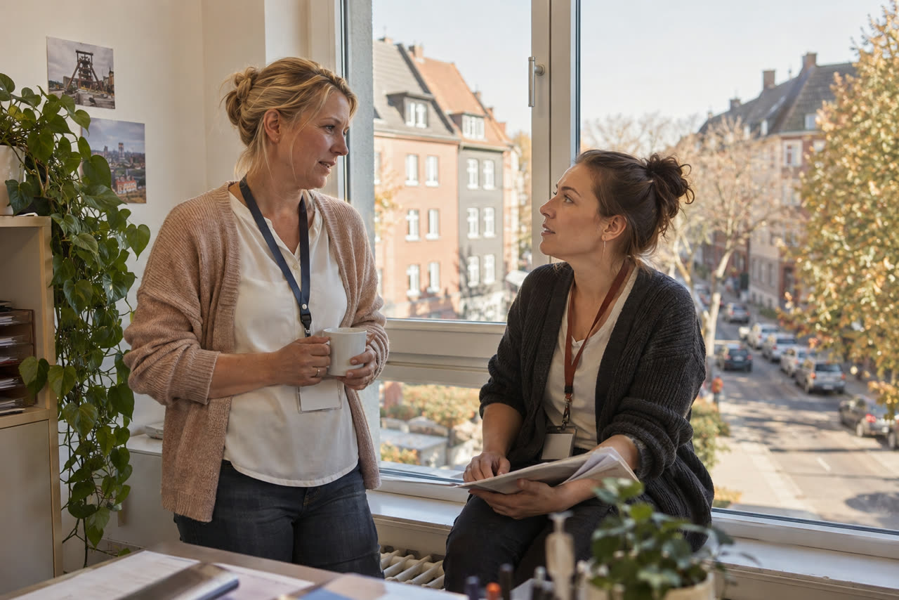 Betreuungskraft und Seniorin lachen gemeinsam am Küchentisch am Fenster