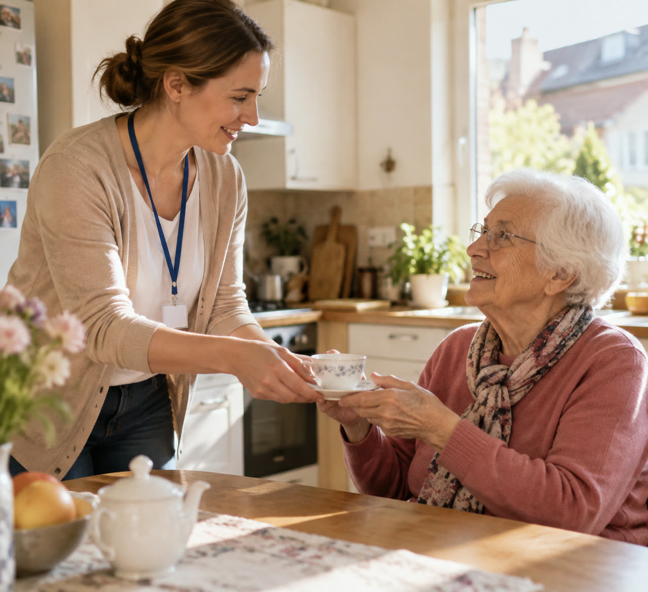 Betreuungskraft überreicht einer lächelnden Seniorin eine Tasse Tee